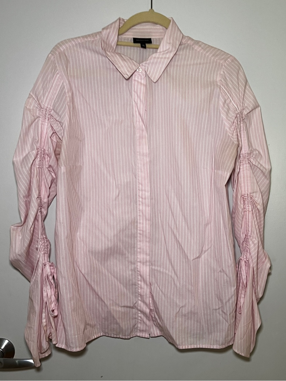 Who What Wear Pink Striped Ruched Sleeve Button Down Shirt Blouse L